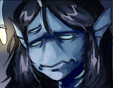 a drawing of a person with a blue face and black hair