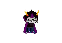 a cartoon character with horns and glasses and a purple cape