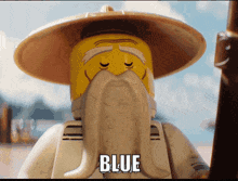 a lego figure with a beard and hat says blue