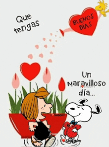 a cartoon of snoopy and peanut holding a heart with the words buenos dias on it .