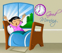 a cartoon of a girl in bed with her arms outstretched and a clock above her head .