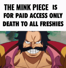 a picture of a man with a mustache and the words " the mink piece is for paid access only death to all freshies " on top