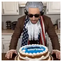 a man wearing a wig and sunglasses stands in front of a cake that says ' sapphire ' on it