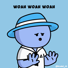 a cartoon character wearing a blue hat with the words woah woah woah below him