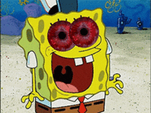 a cartoon of spongebob with red eyes and a red tie