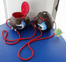 two coconuts with birds painted on them are sitting on a table