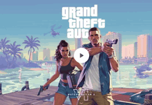 a poster for grand theft auto with a man and a woman holding guns