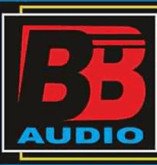 the logo for bb audio is red and blue