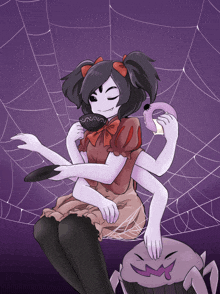 a girl with many arms is sitting on a spider web holding a cup of coffee