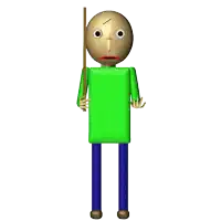 a cartoon character with a green shirt and blue pants holds a stick
