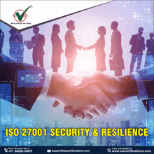 a poster for iso 27001 security and resilience shows a group of people shaking hands