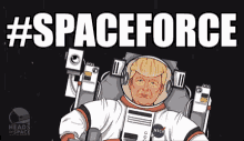 a cartoon drawing of donald trump in a nasa spacesuit