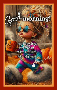 a painting of a girl holding a cup of coffee with the words " good morning " on the bottom