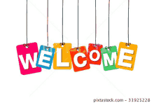 the word welcome is written in colorful cards hanging from strings