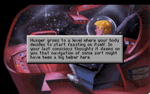 a computer screen shows a man in a space suit and says hunger grows