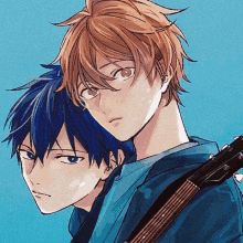 a couple of anime characters standing next to each other one holding a guitar