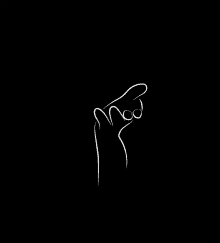 a white line drawing of a hand making a heart shape on a black background .