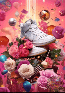 a pair of white nike shoes surrounded by pink flowers