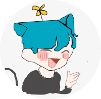 a drawing of a person with blue hair and a flower on top of their head