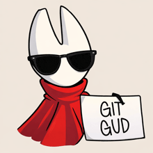 a cartoon character wearing sunglasses and a red cape holds a sign that says git gud