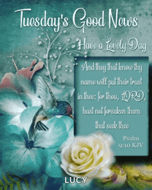 a picture of a hummingbird and flowers with the words tuesday 's good news have a lovely day