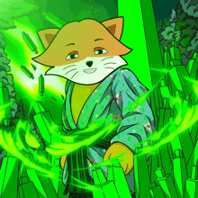 a cartoon of a cat in a kimono surrounded by green lights