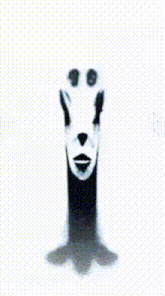 a black and white drawing of a skull with a long neck