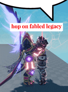 a speech bubble that says " hop on fabled legacy " on it