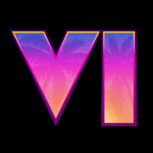 the letter v is surrounded by palm trees in a colorful design