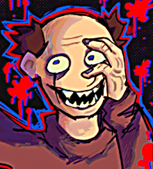 a drawing of a clown with big teeth covering his eyes