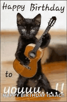 a black cat is holding a guitar in its paws and says happy birthday to you