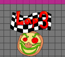 a cartoon of a pizza and a checkered flag with the number 3