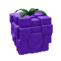 a purple cube with a green stem and leaves on top of it .