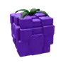 a purple cube with a green stem and leaves on top of it .