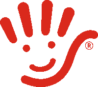 a red hand with a smiley face and a r on the bottom