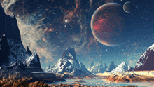 an artist 's impression of a landscape with mountains and planets in the sky