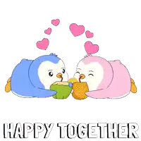 a couple of penguins drinking from a pineapple and the words happy together
