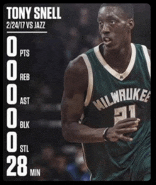 a basketball player named tony snell is wearing a green jersey