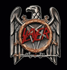 a slayer logo with an eagle and a pentagram in the center