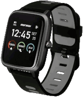 a black and gray mormaii smart watch shows the time as 12:45