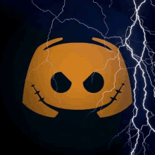 a discord logo with stitches on it and lightning bolts behind it .