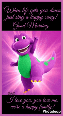 a picture of barney singing a happy song on a pink background