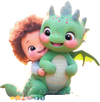 a cartoon of a girl hugging a green dragon with akinakou written on the bottom