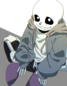 a drawing of a skeleton sitting on a purple skateboard