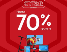 a red background with the words cyber hasta 70 % dscto on it