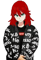 a girl with red hair is wearing a black jacket with supreme written on it