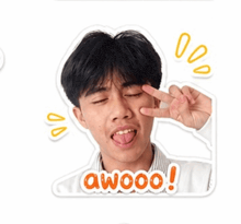 a sticker of a young man with his tongue out and the word awooo on it