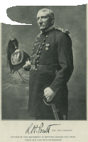 a black and white photo of a man holding a sword and a helmet with the signature of r.t. powell