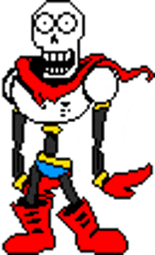 a pixel art of papyrus from undertale wearing red boots and a scarf .