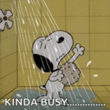 a cartoon of snoopy taking a shower with a sponge